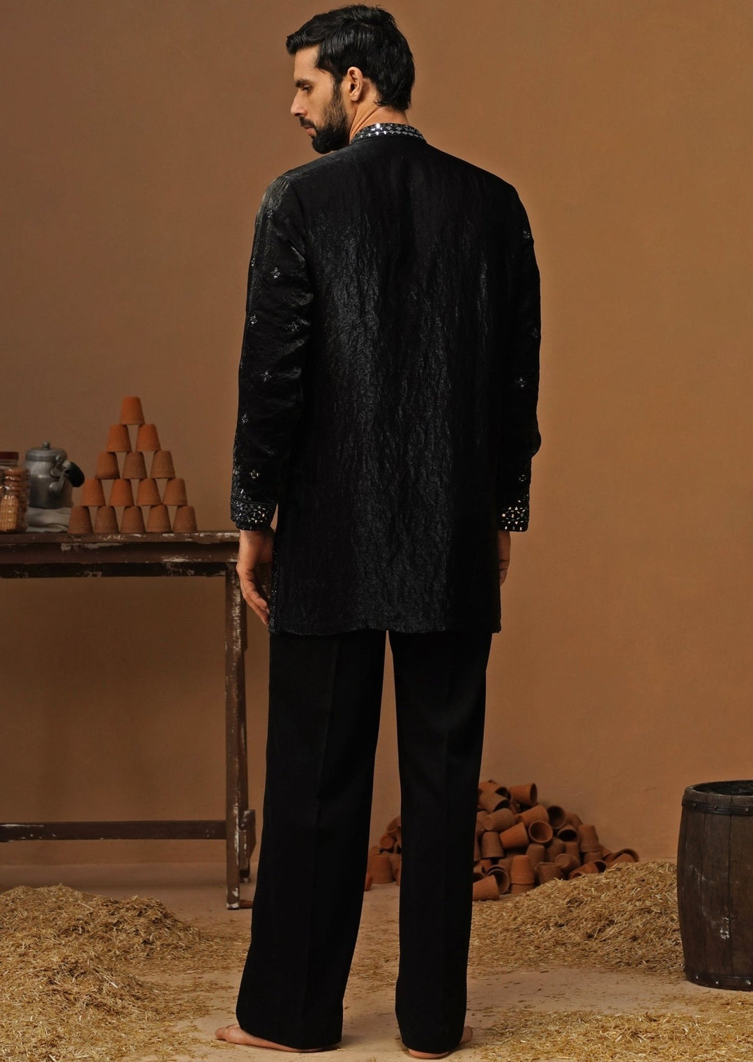 Kalpraag Black Tissue Silk Short Kurta SetFabilicious Fashion
