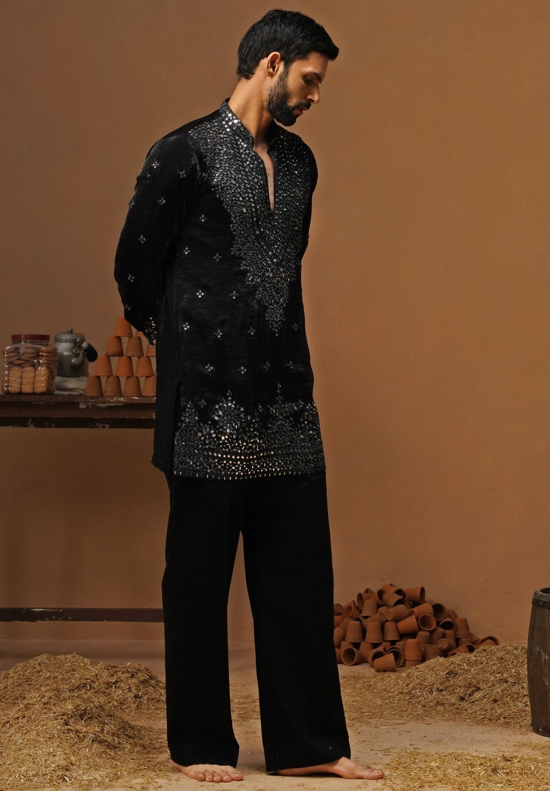Kalpraag Black Tissue Silk Short Kurta SetFabilicious Fashion