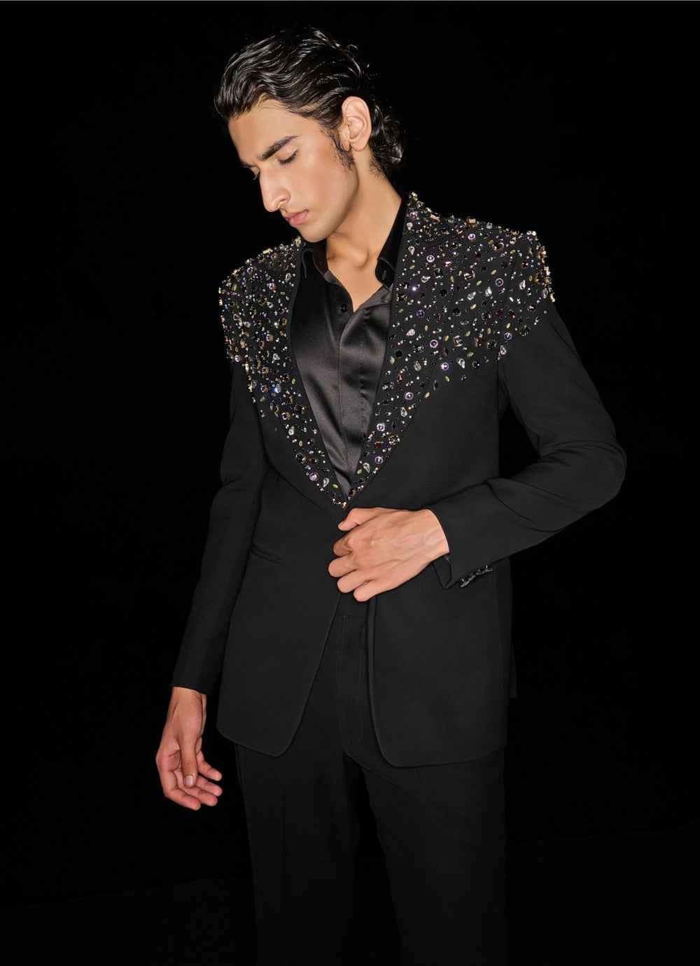 Black Tuxedo Set Sequinned With Crystal and Stonework Contrast By Parth - Fabilicious Fashion