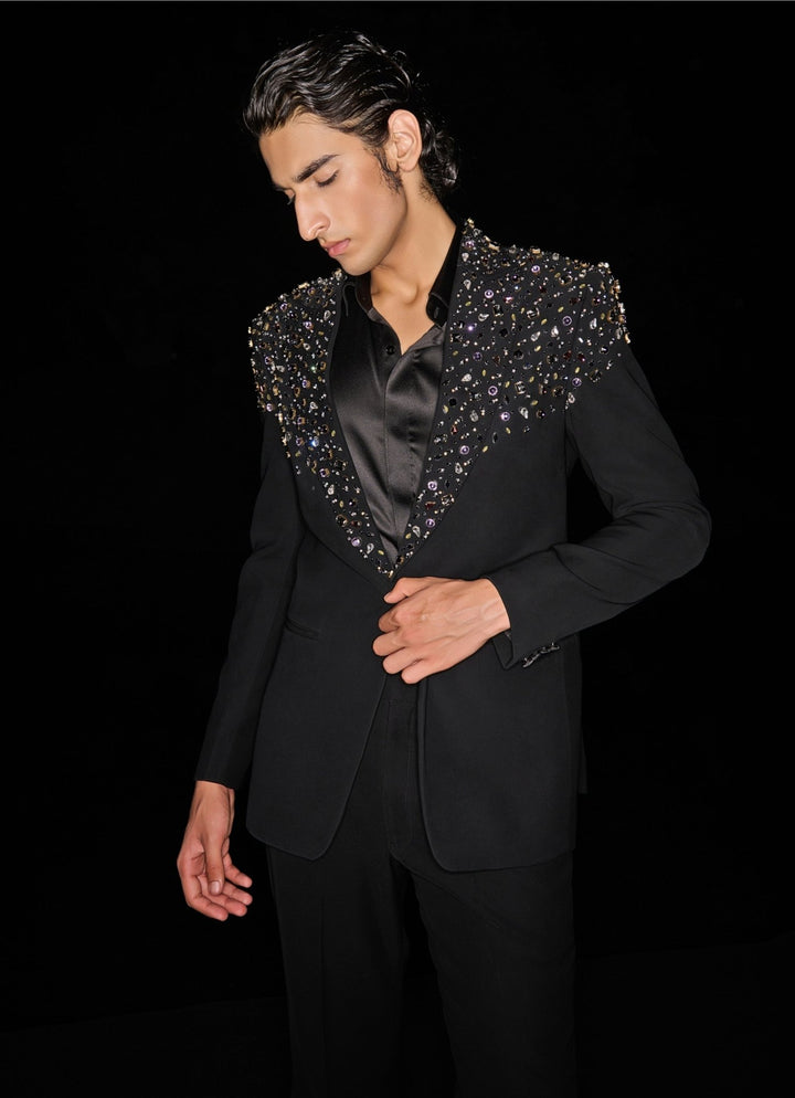 Black Tuxedo Set Sequinned With Crystal and Stonework Contrast By Parth - Fabilicious Fashion