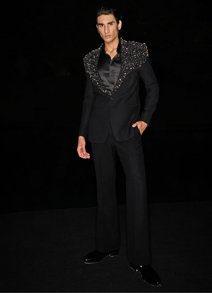 Black Tuxedo Set Sequinned With Crystal and Stonework Contrast By Parth - Fabilicious Fashion