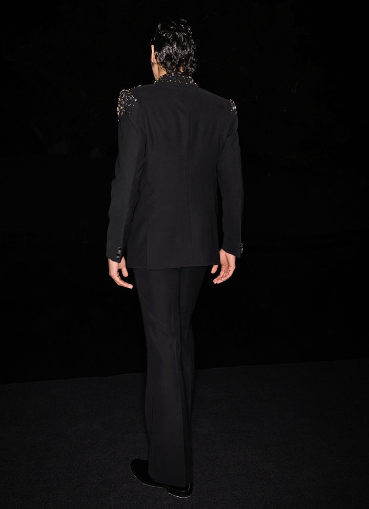 Black Tuxedo Set Sequinned With Crystal and Stonework Contrast By Parth - Fabilicious Fashion