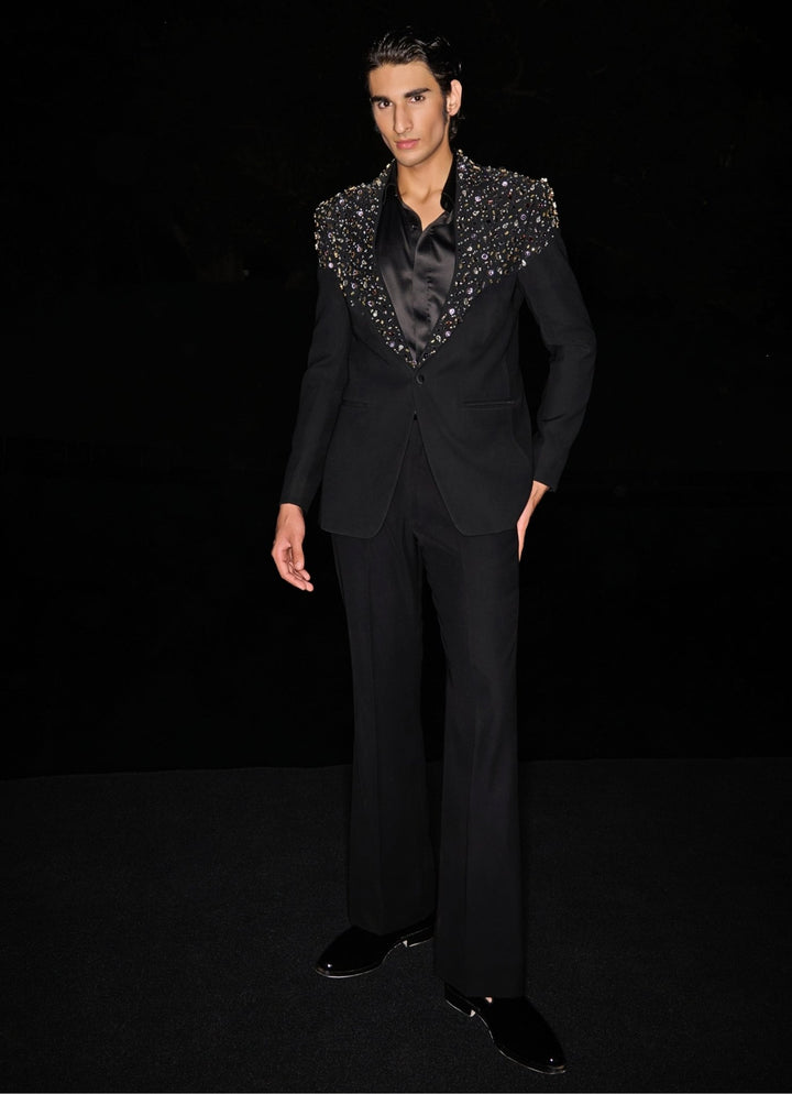 Black Tuxedo Set Sequinned With Crystal and Stonework Contrast By Parth - Fabilicious Fashion