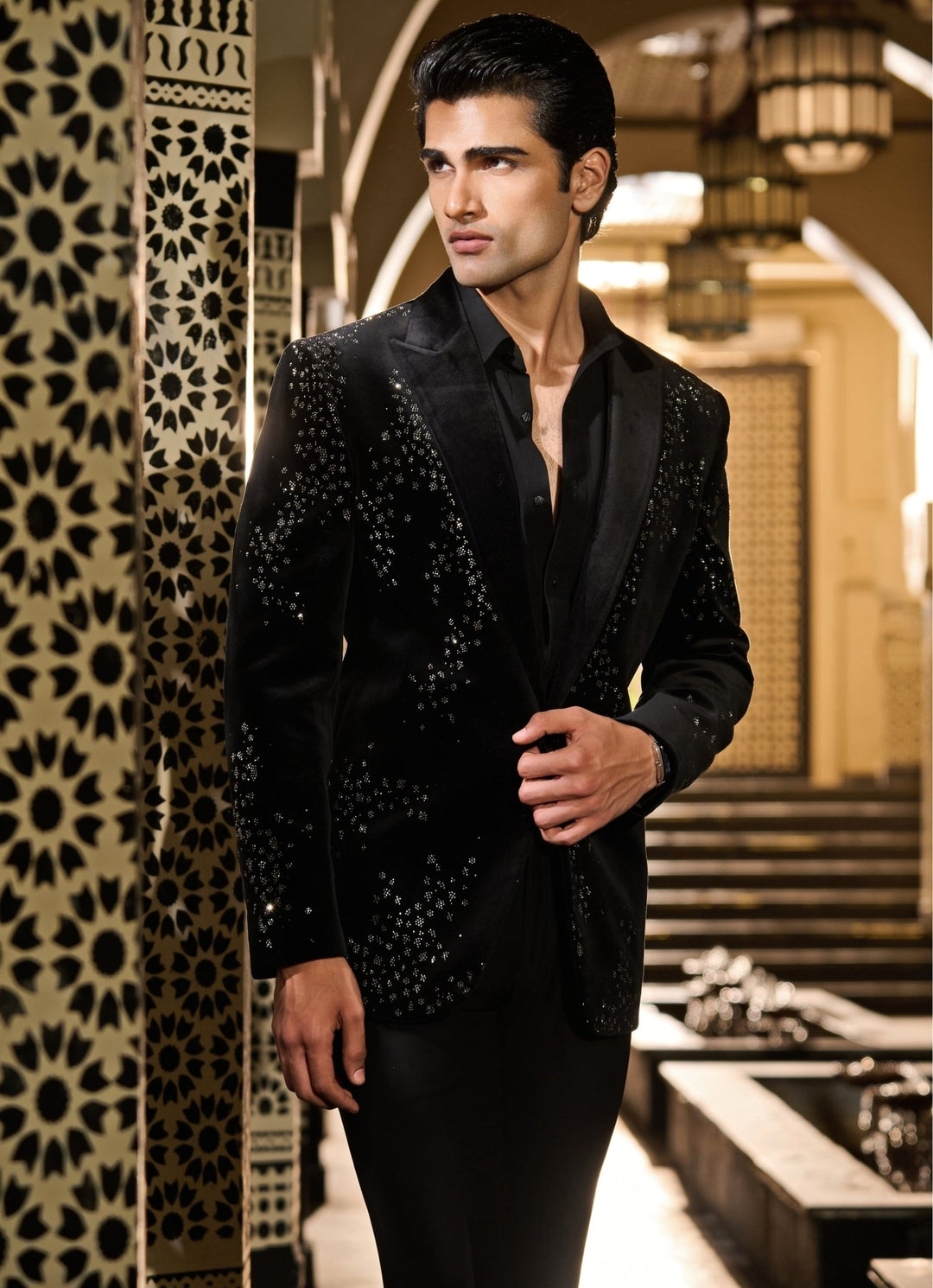 Contrast by Parth Black Velvet Galaxy Cluster Tuxedo SetFabilicious Fashion