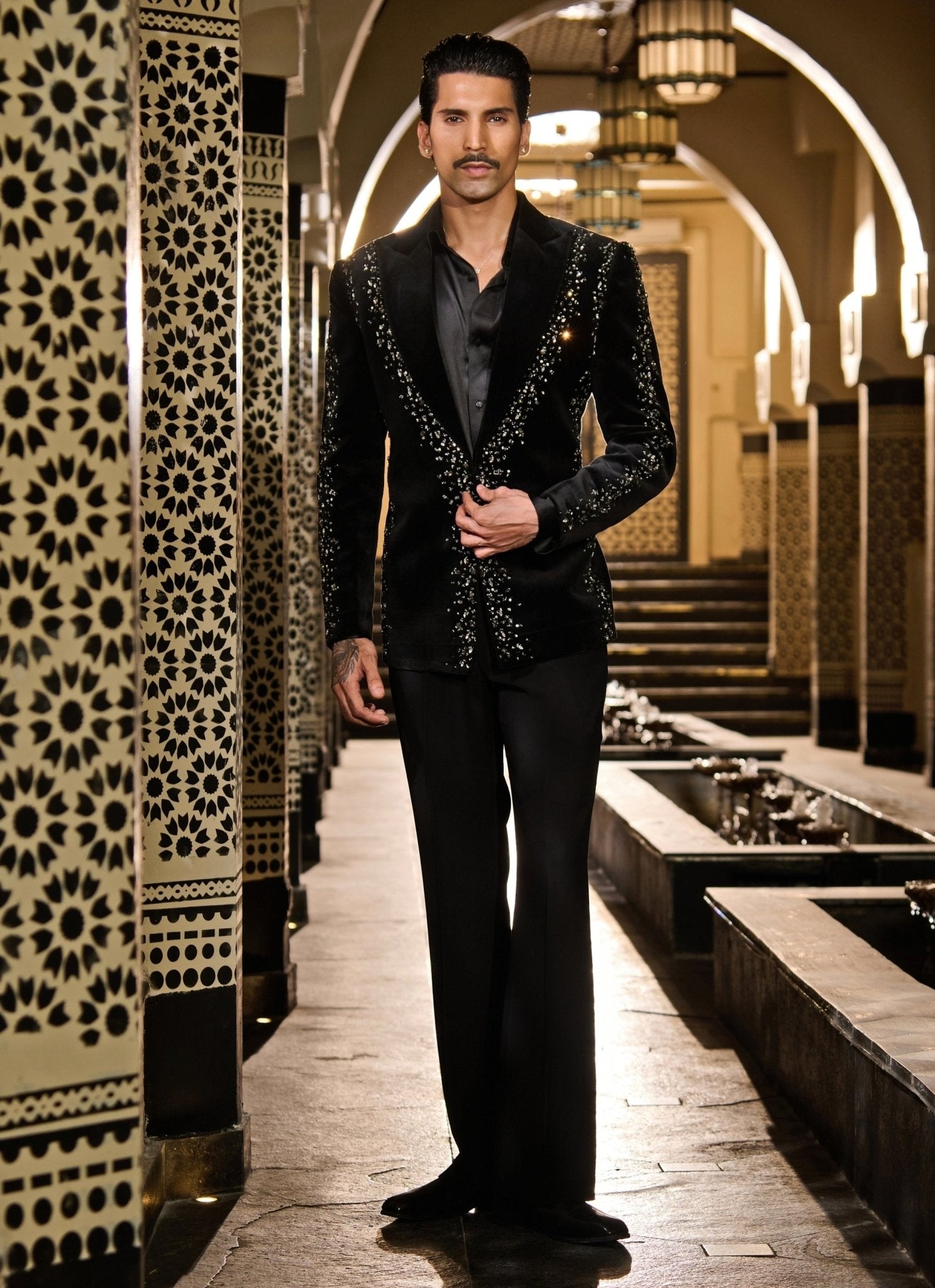 Black velvet sequins tuxedo set by Contrast by Parth — sangeet outfit for men