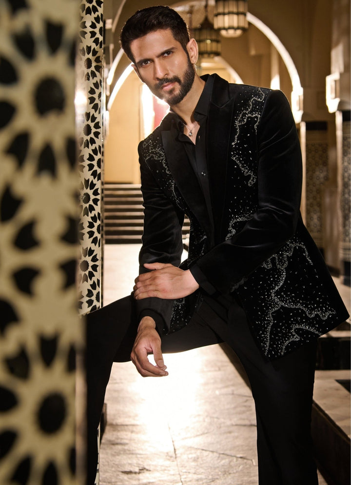 Contrast by Parth Black Velvet Silver Crystal Tuxedo SetFabilicious Fashion