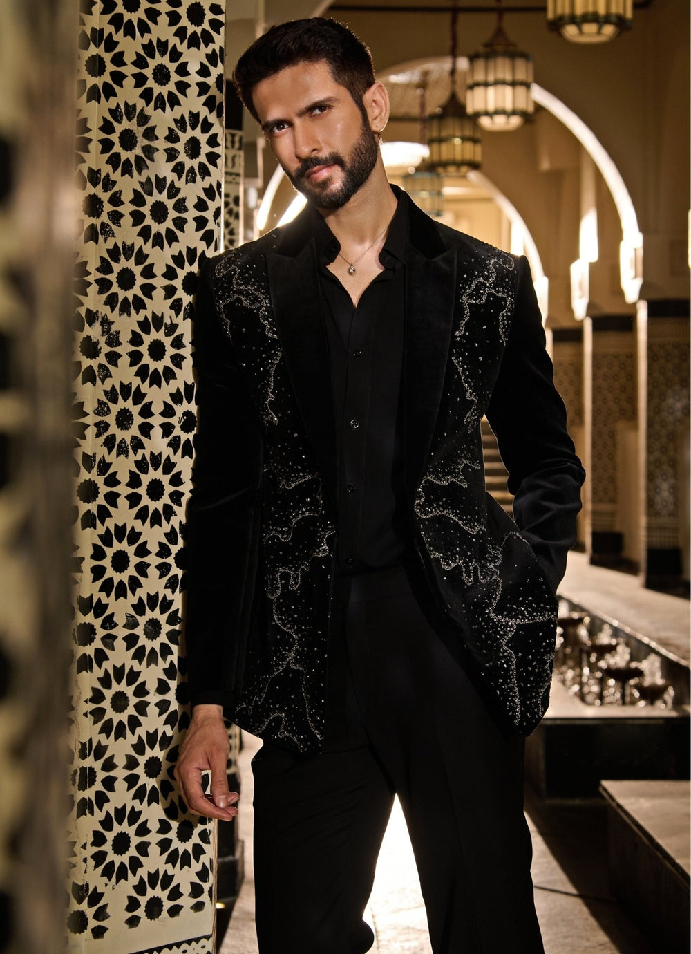 Contrast by Parth Black Velvet Silver Crystal Tuxedo SetFabilicious Fashion