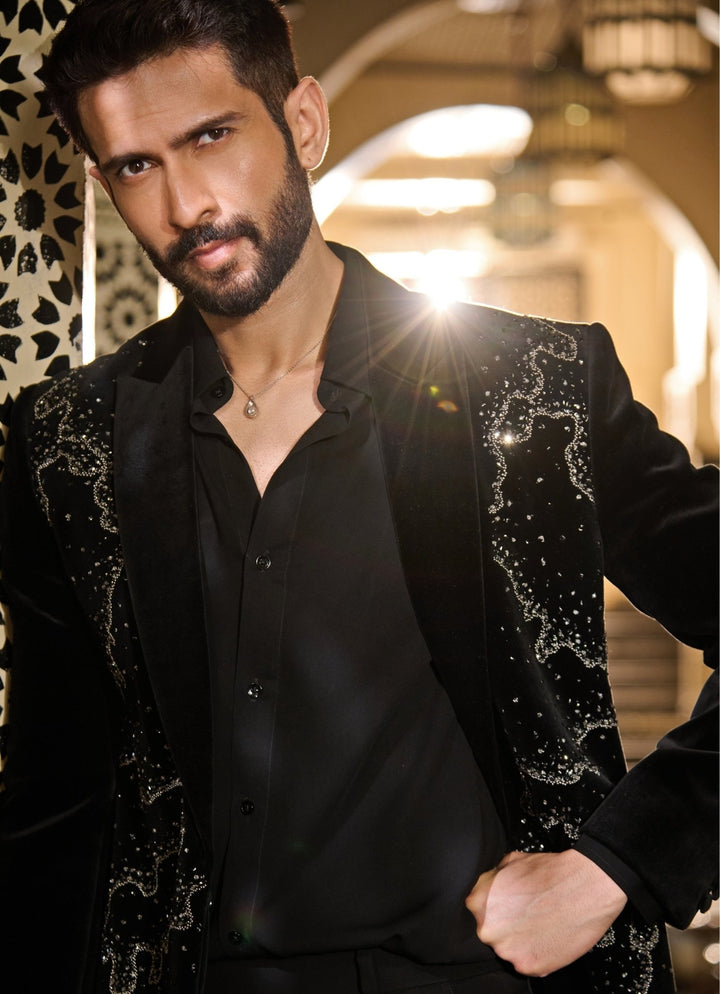 Contrast by Parth Black Velvet Silver Crystal Tuxedo SetFabilicious Fashion