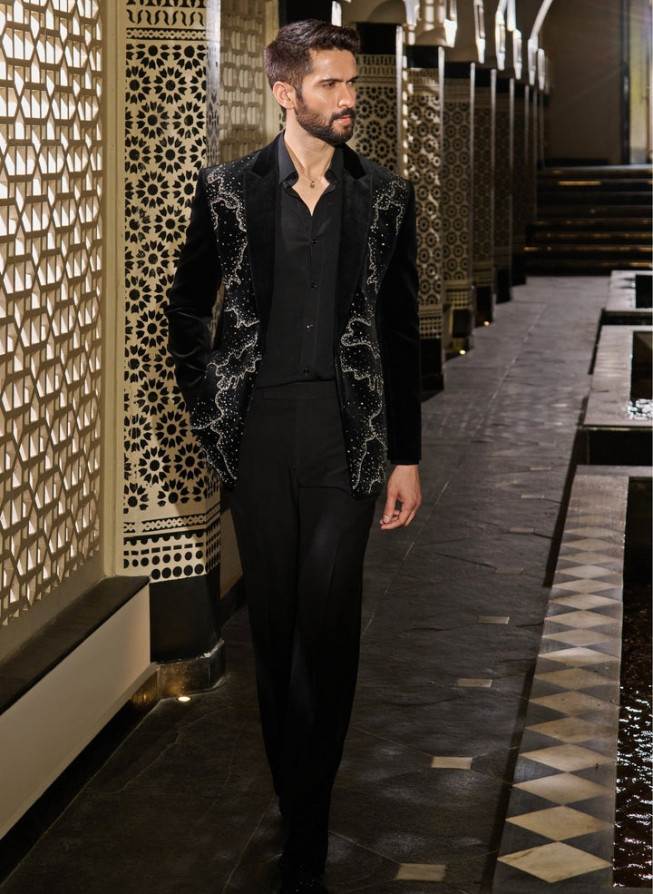 Contrast by Parth Black Velvet Silver Crystal Tuxedo SetFabilicious Fashion
