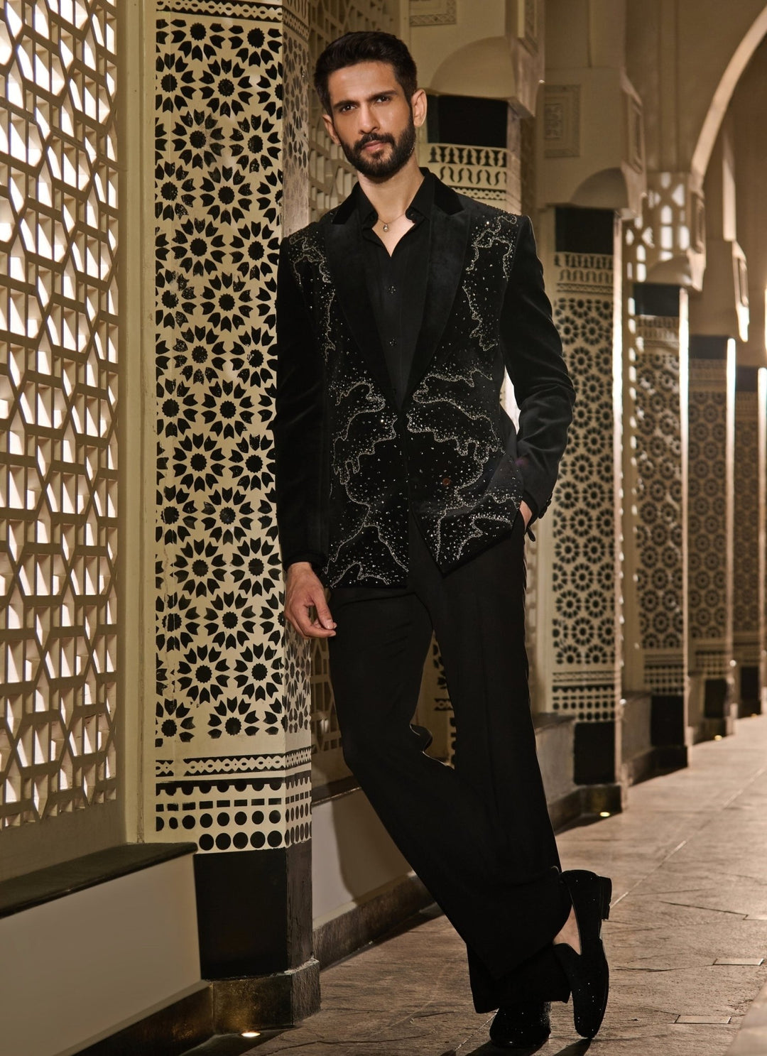 Contrast by Parth Black Velvet Silver Crystal Tuxedo SetFabilicious Fashion