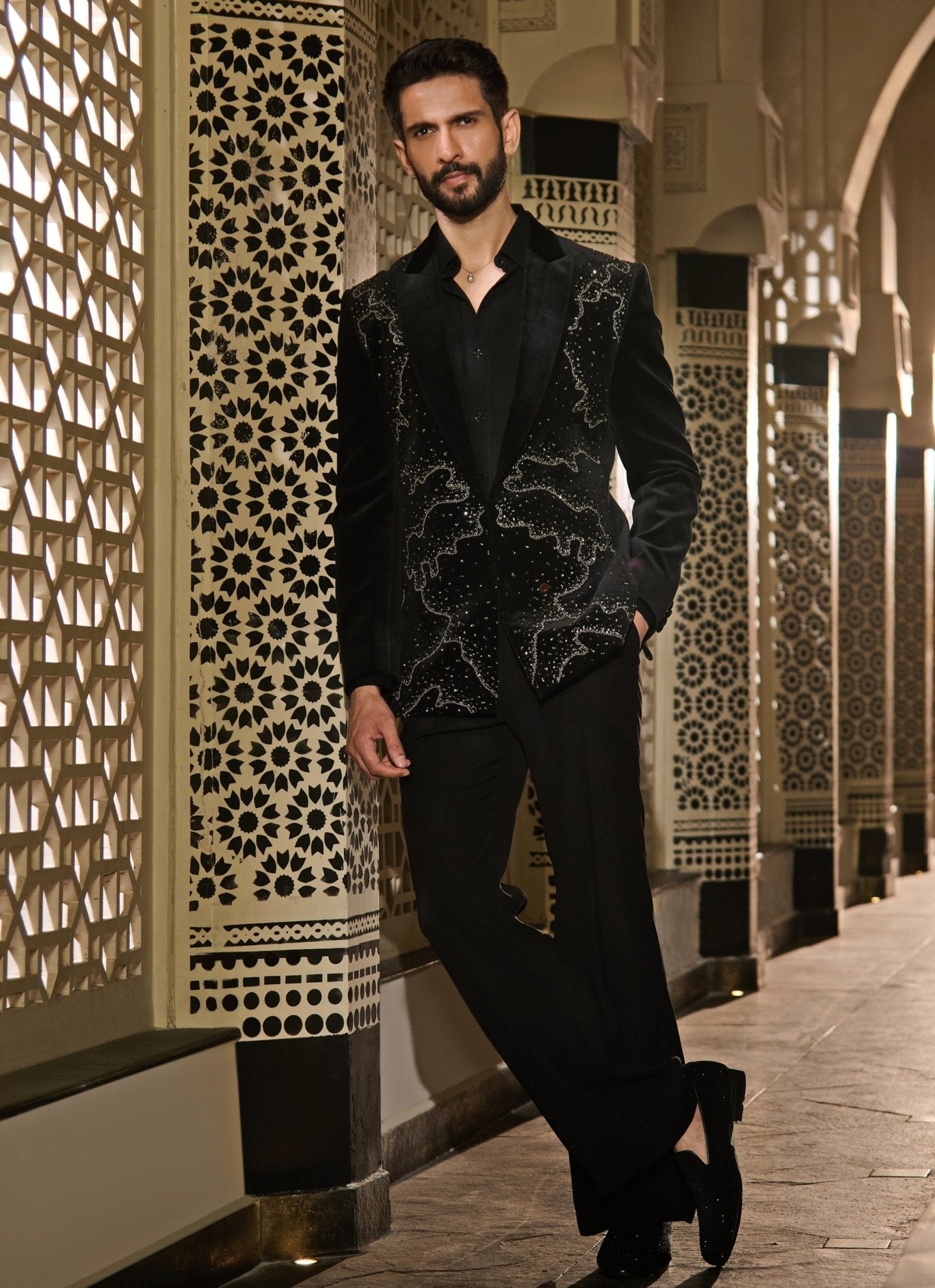Black velvet silver crystal tuxedo set by Contrast by Parth — black indo-western tuxedo for a wedding reception