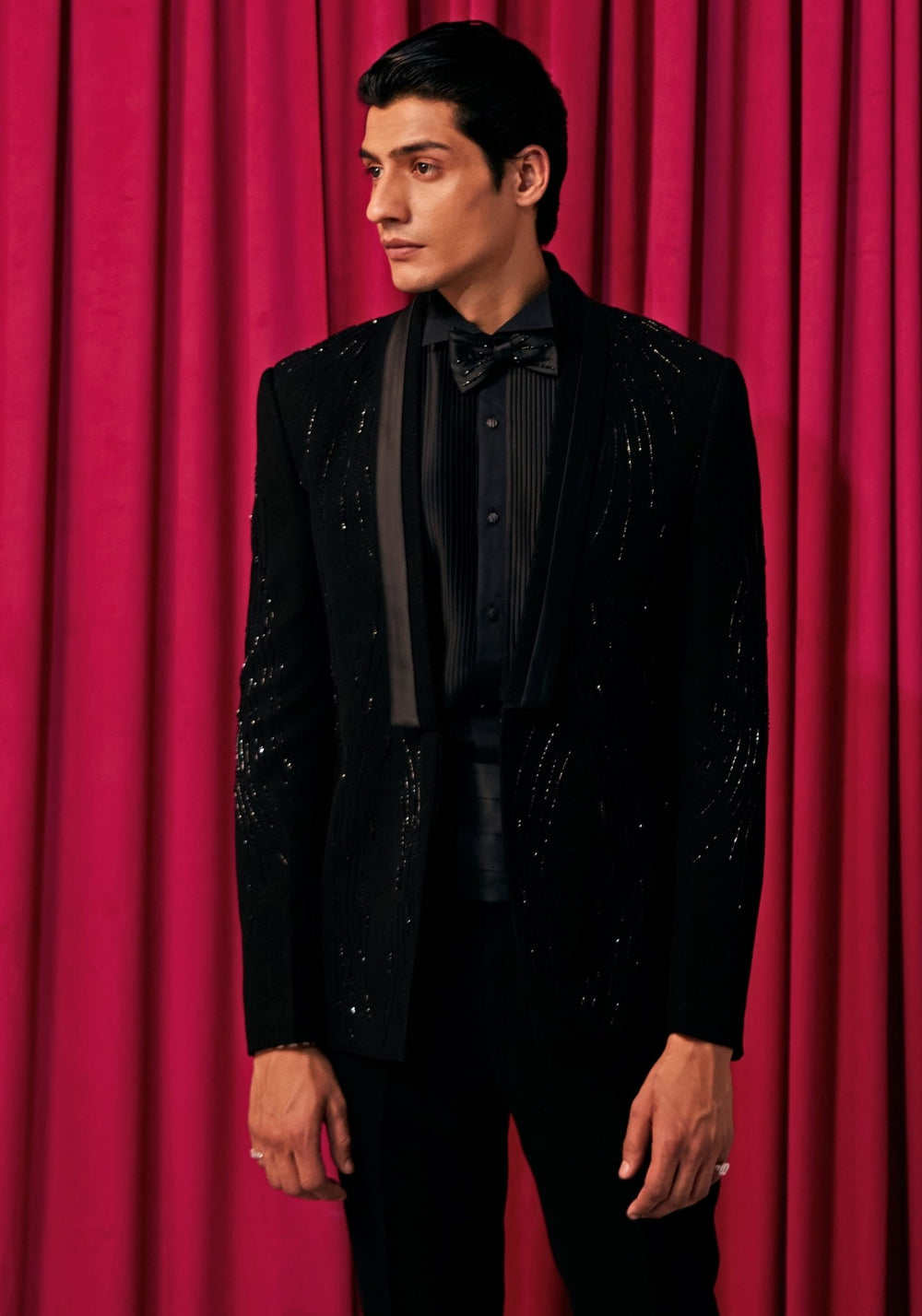 Black Wave Embroidered Tuxedo Set Contrast by Parth - Fabilicious Fashion