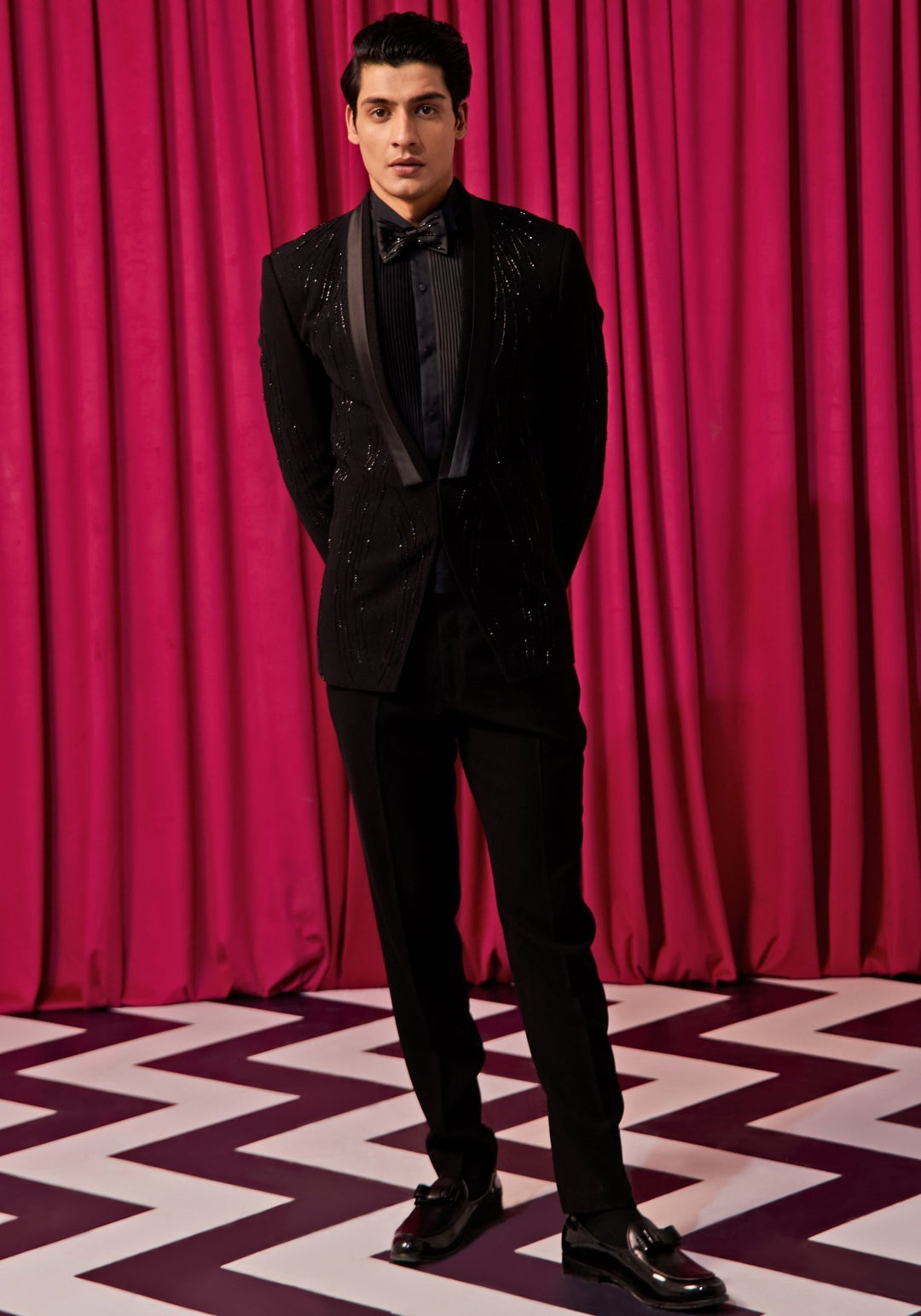 Black Wave Embroidered Tuxedo Set Contrast by Parth - Fabilicious Fashion