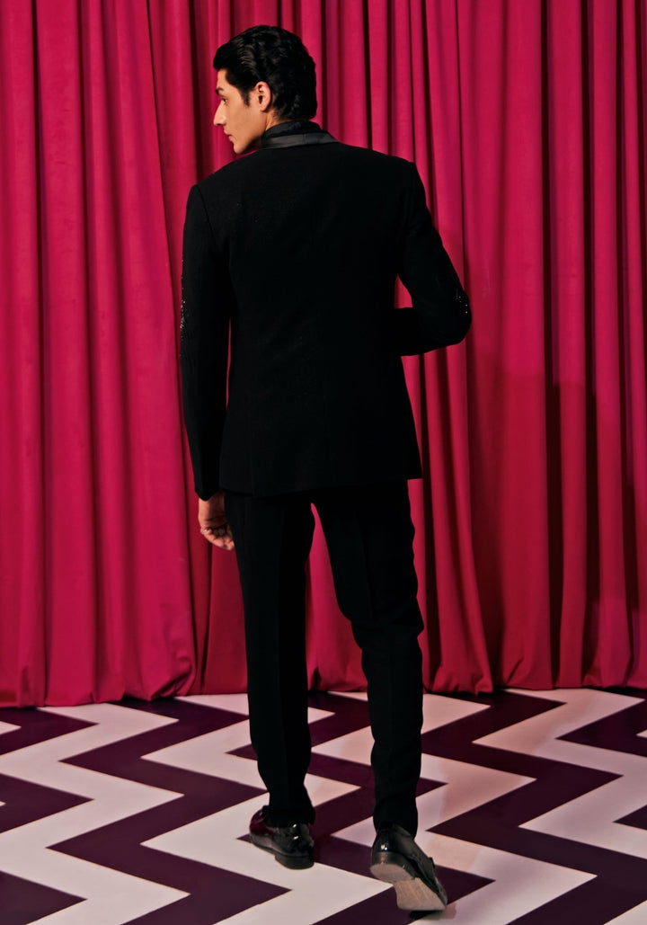 Black Wave Embroidered Tuxedo Set Contrast by Parth - Fabilicious Fashion