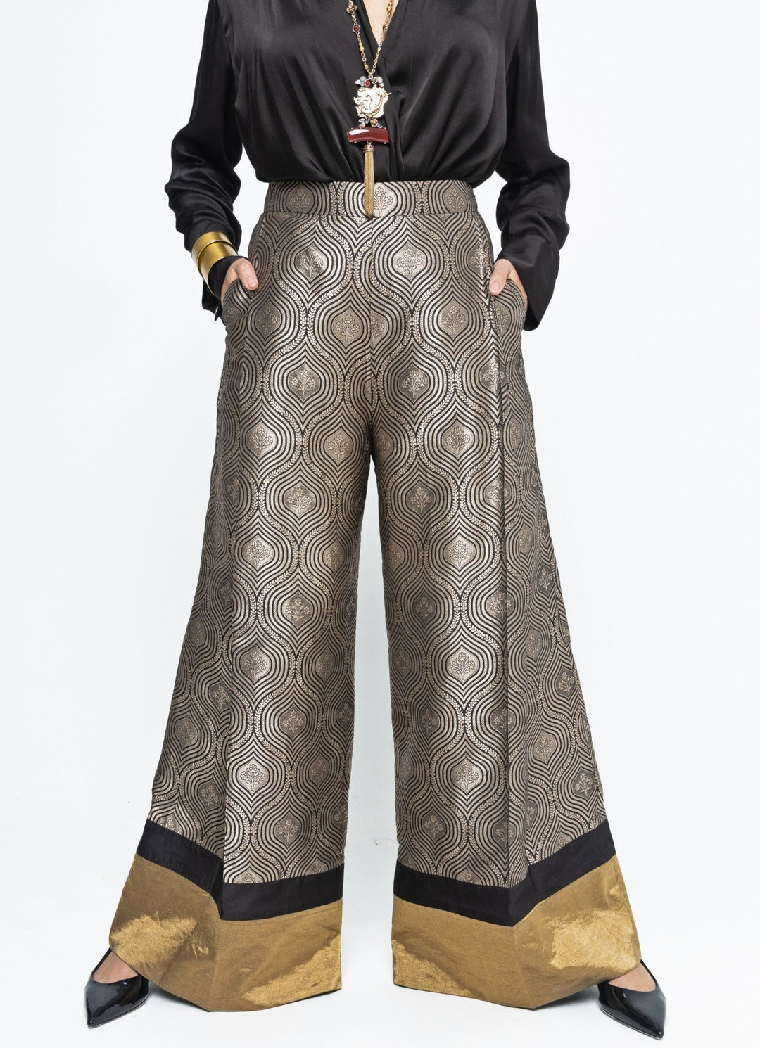 Black Wrap Shirt With Brocade Silk Pants Sobariko - Fabilicious Fashion
