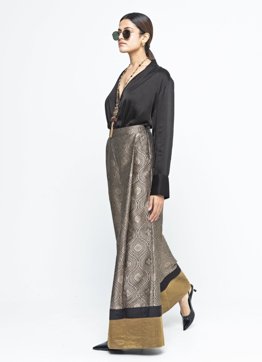 Black Wrap Shirt With Brocade Silk Pants Sobariko - Fabilicious Fashion