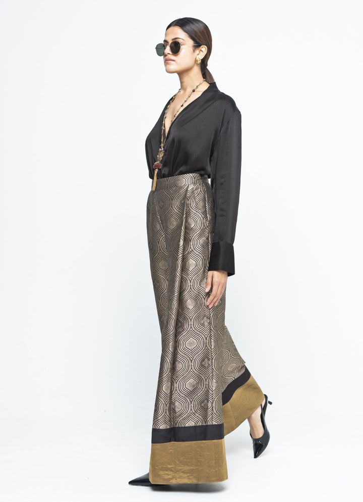Black Wrap Shirt With Brocade Silk Pants Sobariko - Fabilicious Fashion