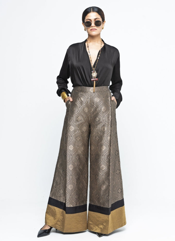 Black Wrap Shirt With Brocade Silk Pants Sobariko - Fabilicious Fashion