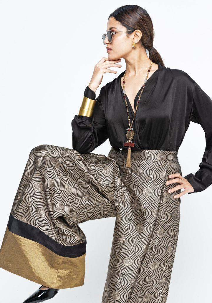 Black Wrap Shirt With Brocade Silk Pants Sobariko - Fabilicious Fashion