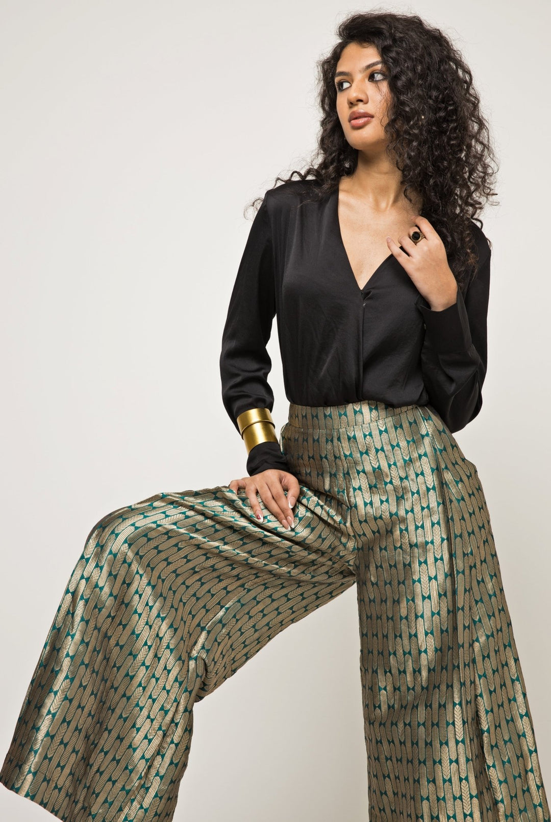 Black Wrapped Shirt With Metallic Pant Set Sobariko - Fabilicious Fashion