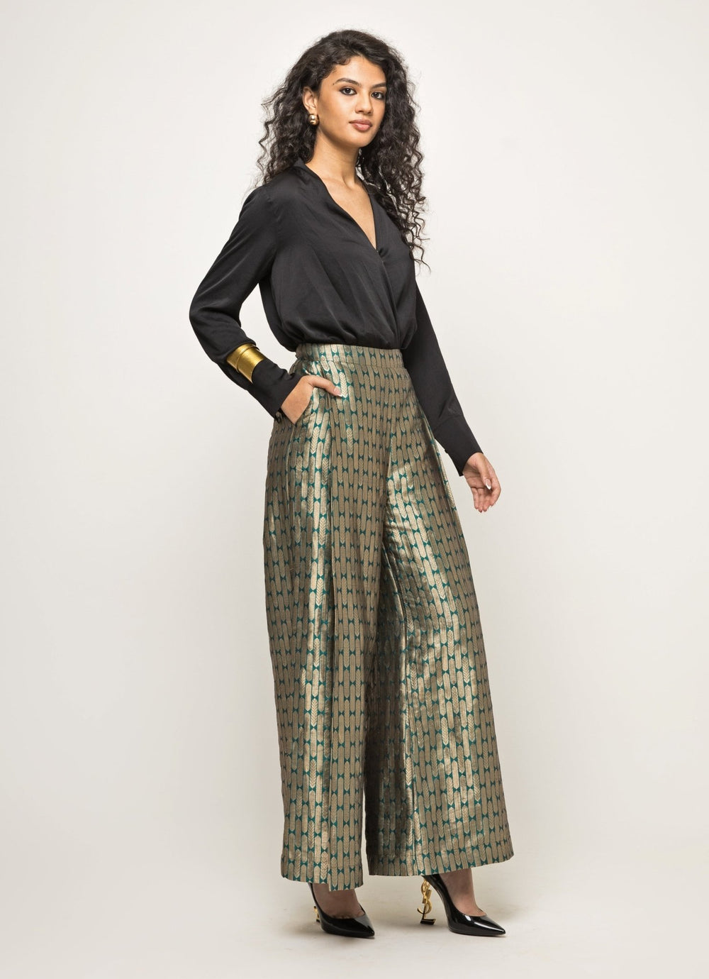 Black Wrapped Shirt With Metallic Pant Set Sobariko - Fabilicious Fashion