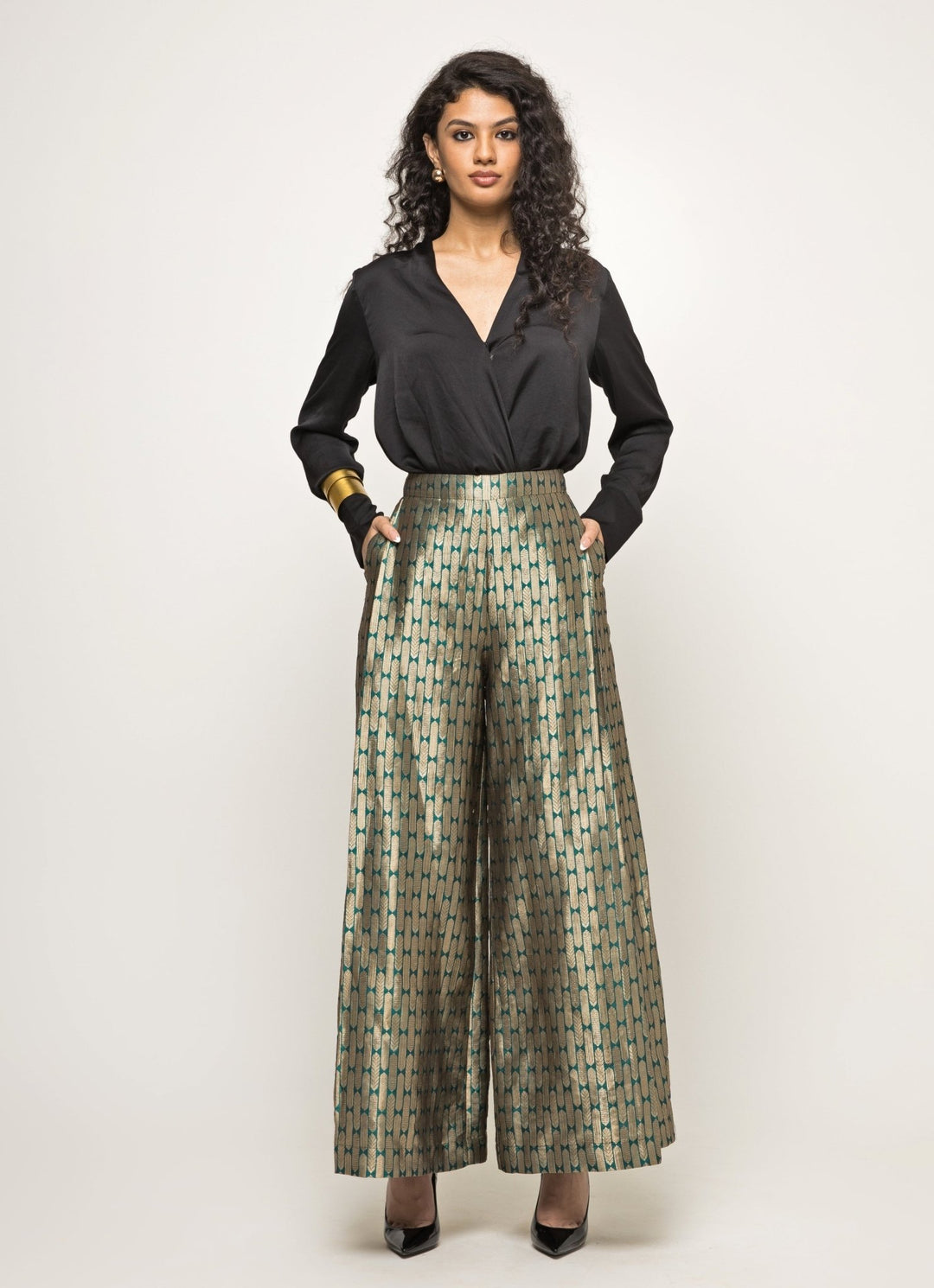 Black Wrapped Shirt With Metallic Pant Set Sobariko - Fabilicious Fashion