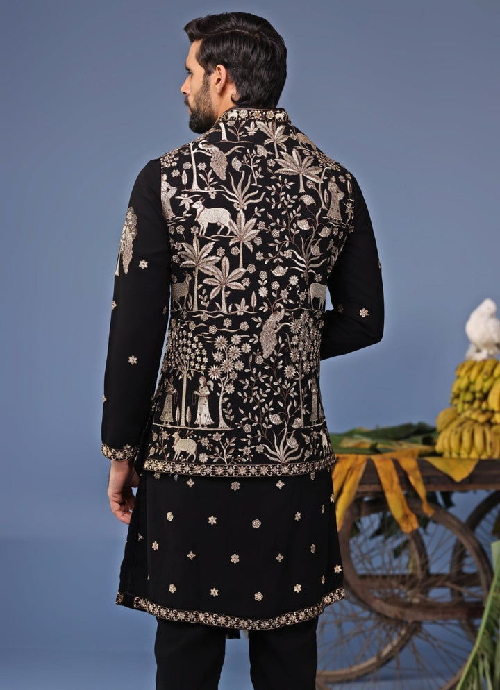 Black Zari Embroidered Kurta Set with Asymmetric Jacket Kalpraag - Fabilicious Fashion