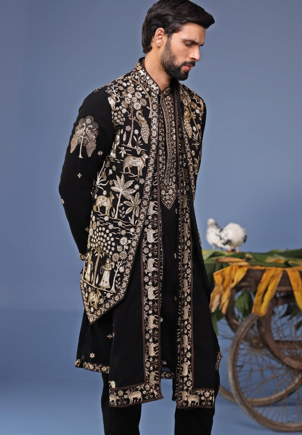 Black Zari Embroidered Kurta Set with Asymmetric Jacket Kalpraag - Fabilicious Fashion