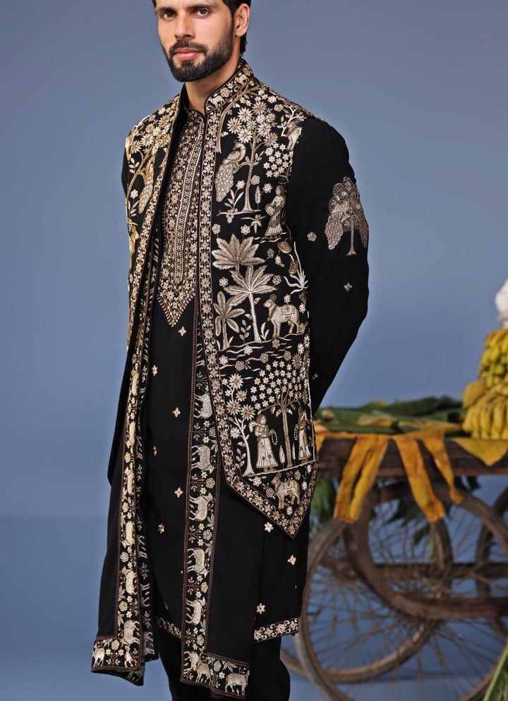 Black Zari Embroidered Kurta Set with Asymmetric Jacket Kalpraag - Fabilicious Fashion