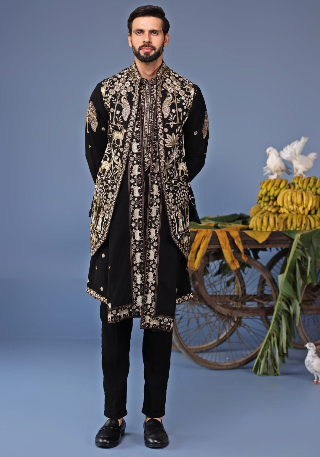 Black Zari Embroidered Kurta Set with Asymmetric Jacket Kalpraag - Fabilicious Fashion