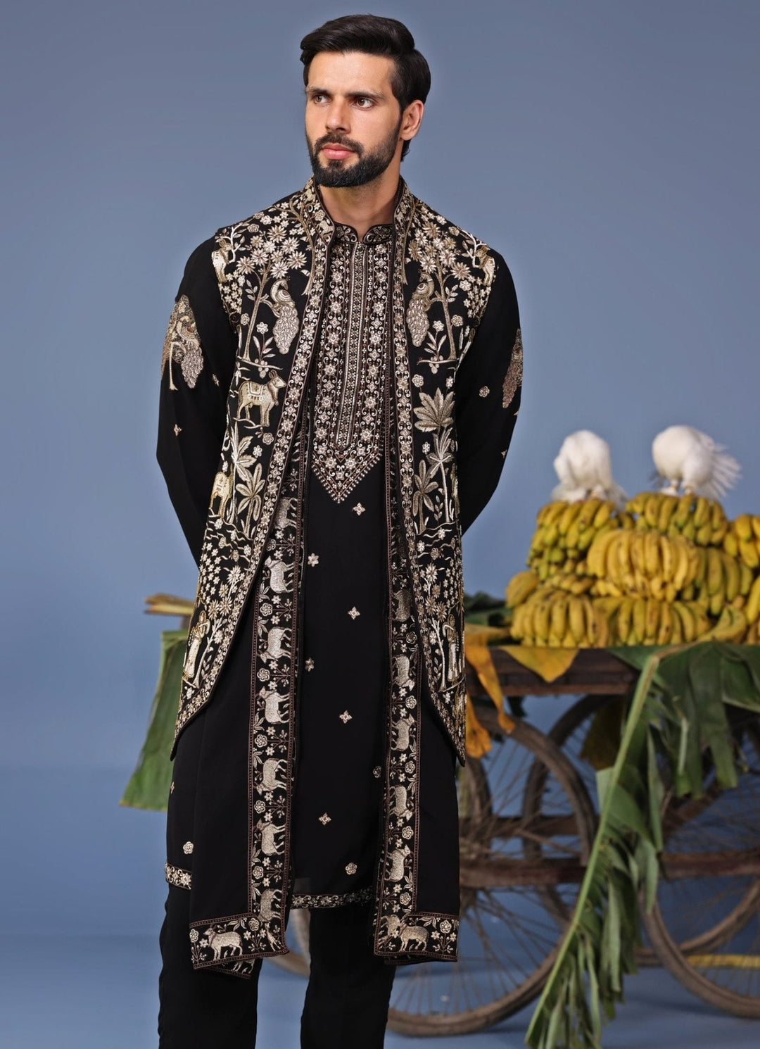 Black Zari Embroidered Kurta Set with Asymmetric Jacket Kalpraag - Fabilicious Fashion
