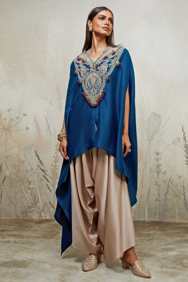 Blue and beige silk kaftan pants set by Prisho