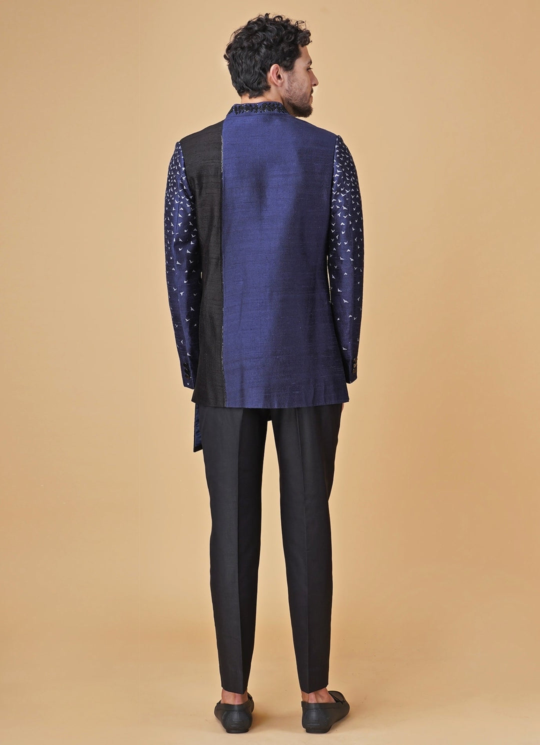 Blue and Black Printed Silk Jacket Kurta Set Manish Nagdeo Men - Fabilicious Fashion