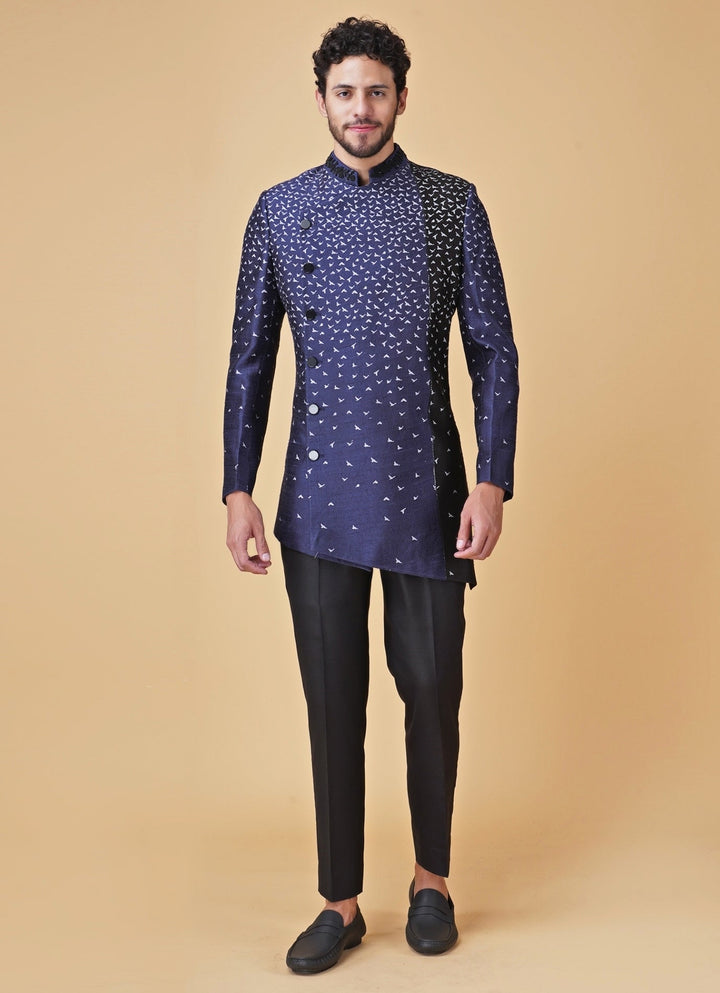 Blue and Black Printed Silk Jacket Kurta Set Manish Nagdeo Men - Fabilicious Fashion