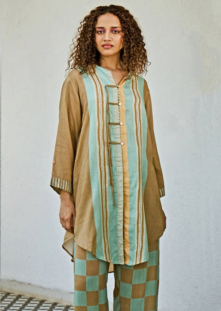 Blue And Brown Linen Kurta Pants Set Basil Leaf - Fabilicious Fashion