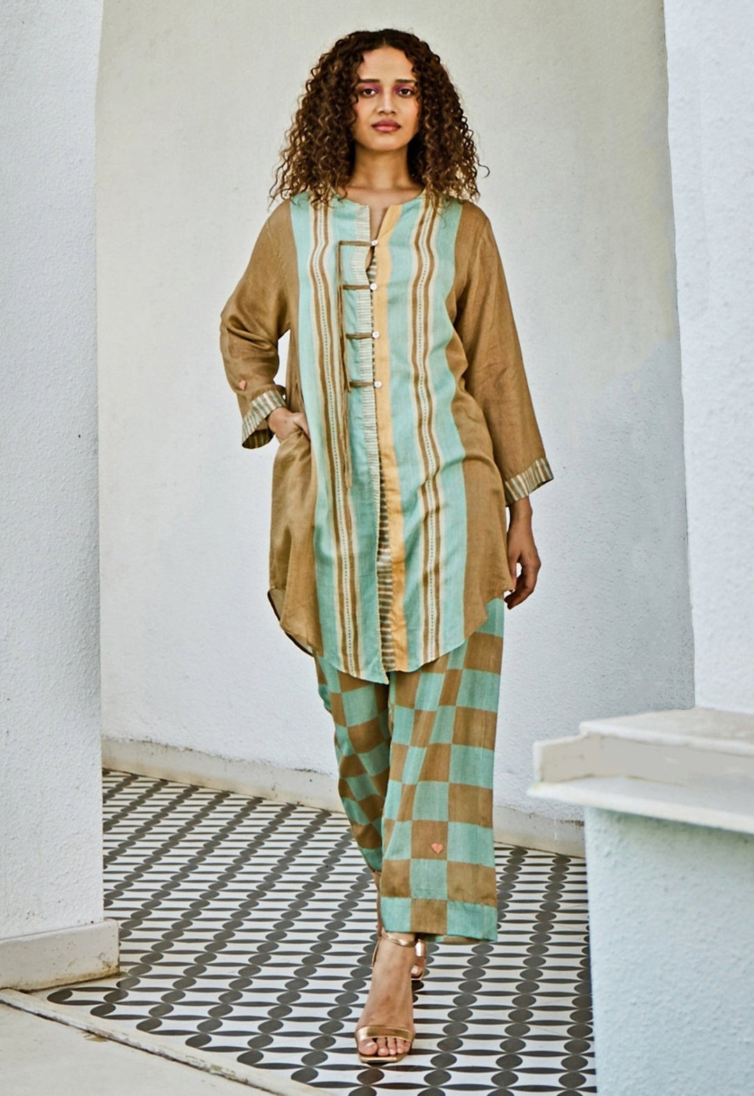 Blue And Brown Linen Kurta Pants Set Basil Leaf - Fabilicious Fashion