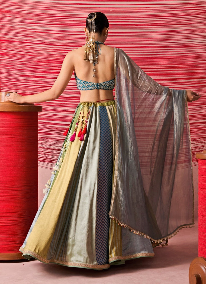 Chamee And Palak Blue And Gold Jamewar Lehenga SetFabilicious Fashion