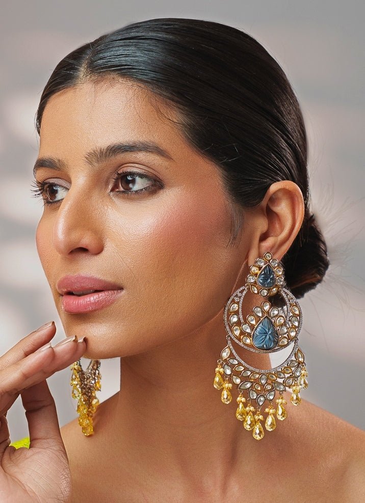 Blue And Gold Stone Polki Dangler Earrings Zevar by Geeta - Fabilicious Fashion
