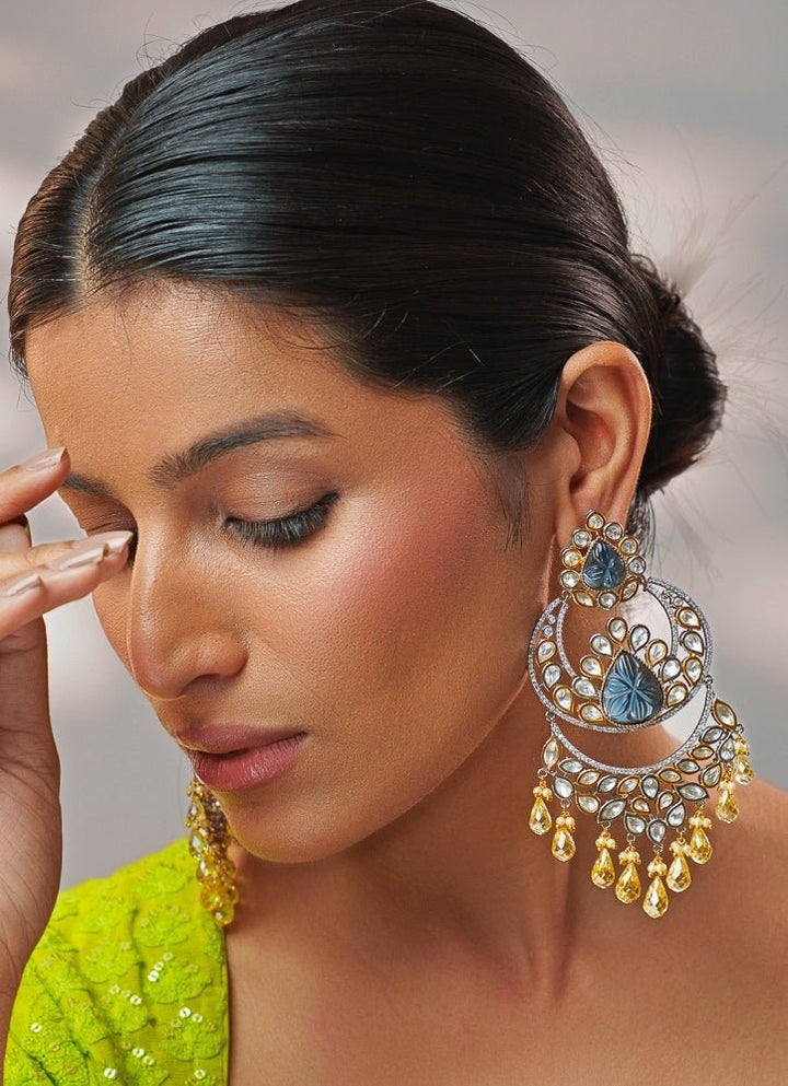 Blue And Gold Stone Polki Dangler Earrings Zevar by Geeta - Fabilicious Fashion