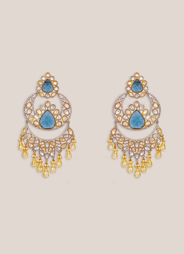 Blue And Gold Stone Polki Dangler Earrings Zevar by Geeta - Fabilicious Fashion