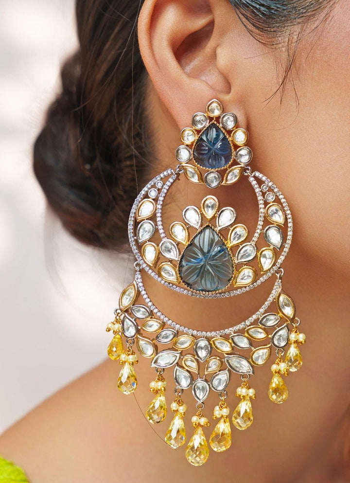 Blue And Gold Stone Polki Dangler Earrings Zevar by Geeta - Fabilicious Fashion