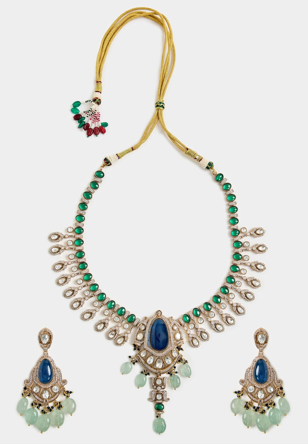 Blue And Green Beaded Kundan Necklace Set Vivinia By Vidhi Mehra - Fabilicious Fashion