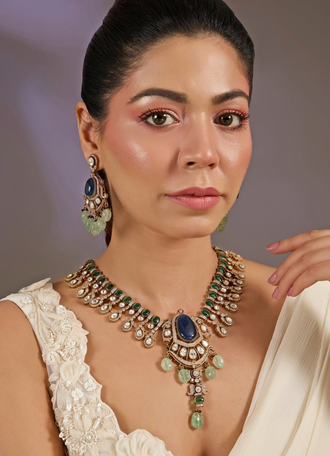 Blue And Green Beaded Kundan Necklace Set Vivinia By Vidhi Mehra - Fabilicious Fashion