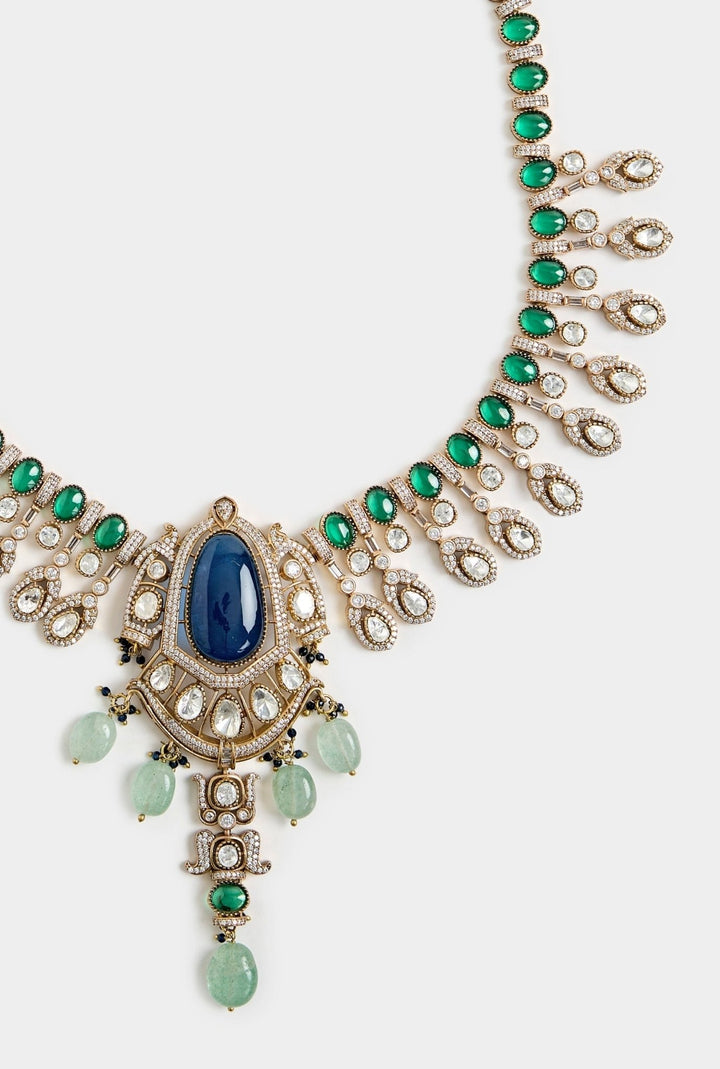 Blue And Green Beaded Kundan Necklace Set Vivinia By Vidhi Mehra - Fabilicious Fashion