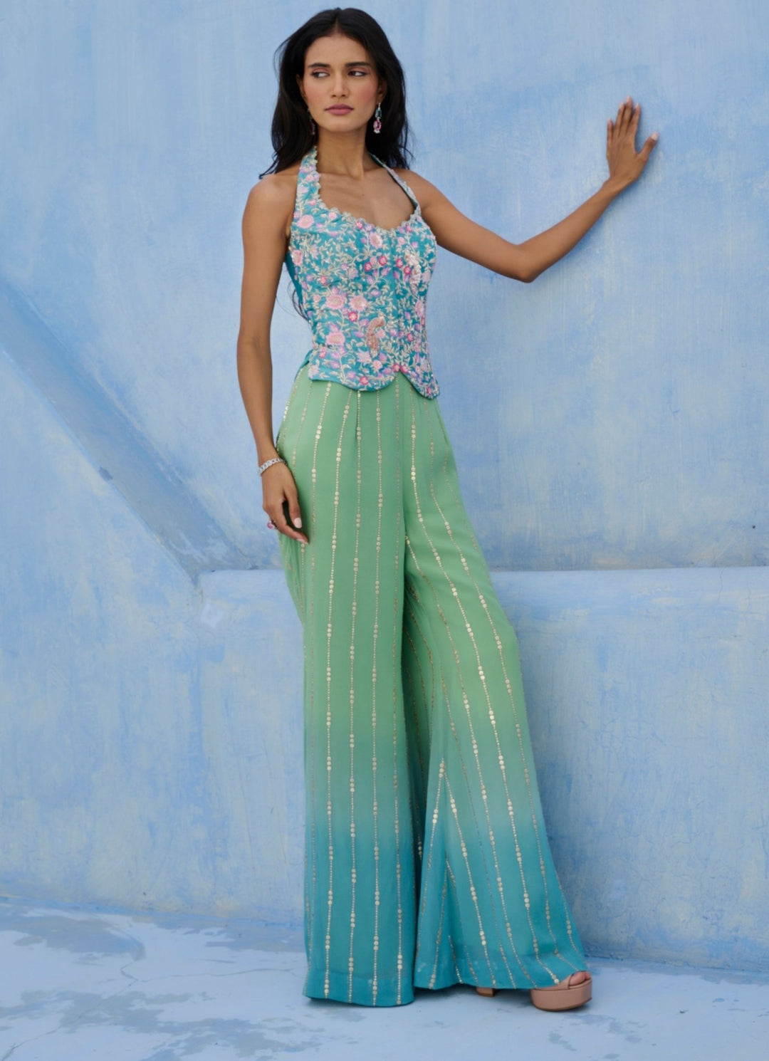 Blue And Green Georgette Blouse Pant Set Chamee and Palak - Fabilicious Fashion