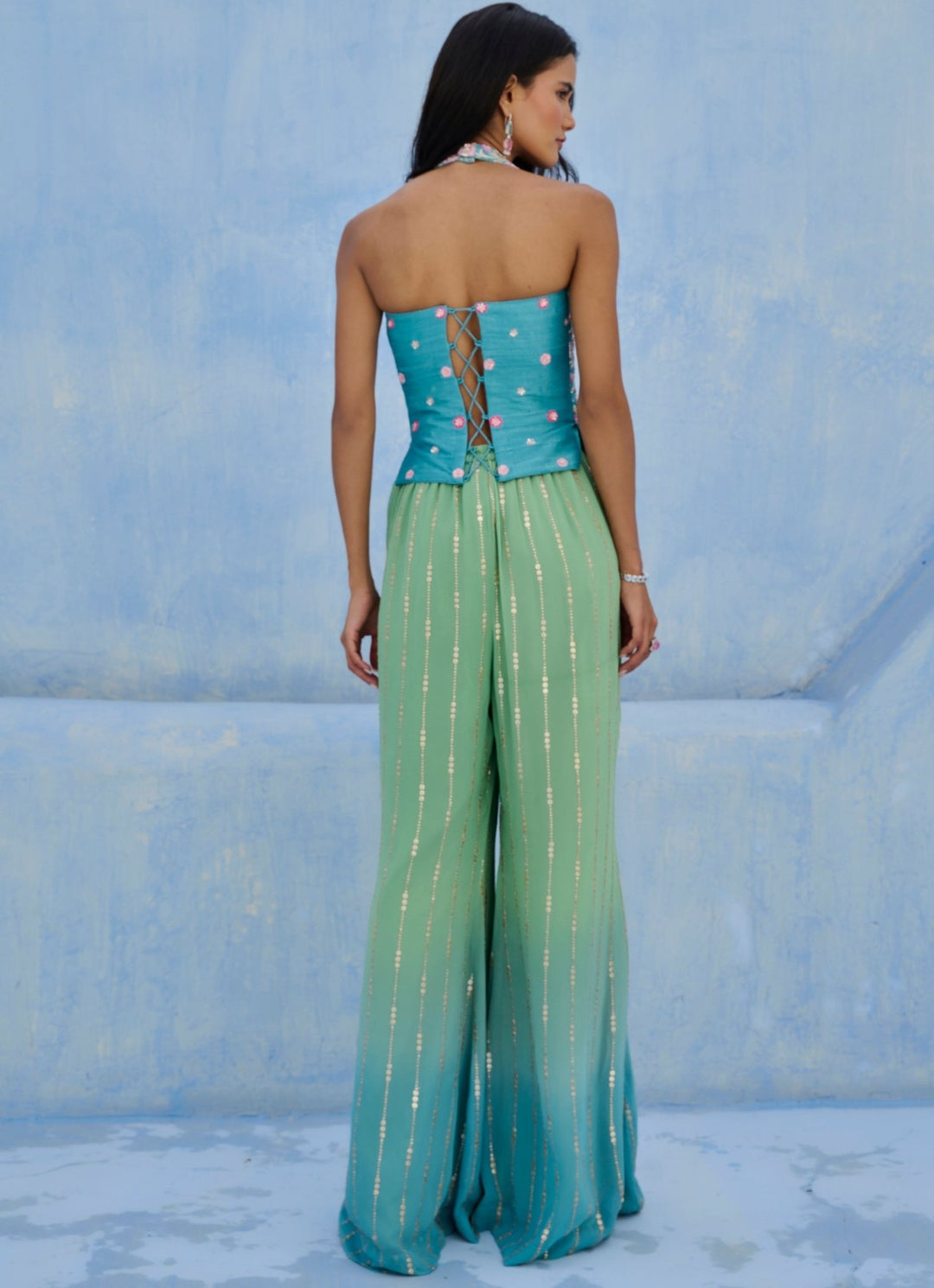 Blue And Green Georgette Blouse Pant Set Chamee and Palak - Fabilicious Fashion