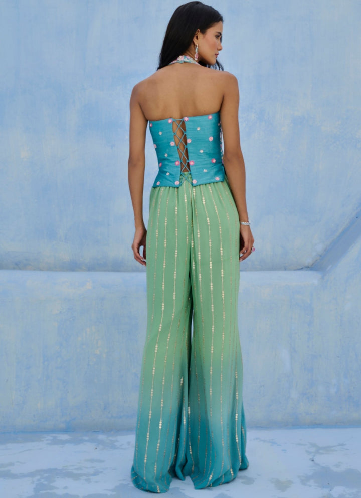 Blue And Green Georgette Blouse Pant Set Chamee and Palak - Fabilicious Fashion