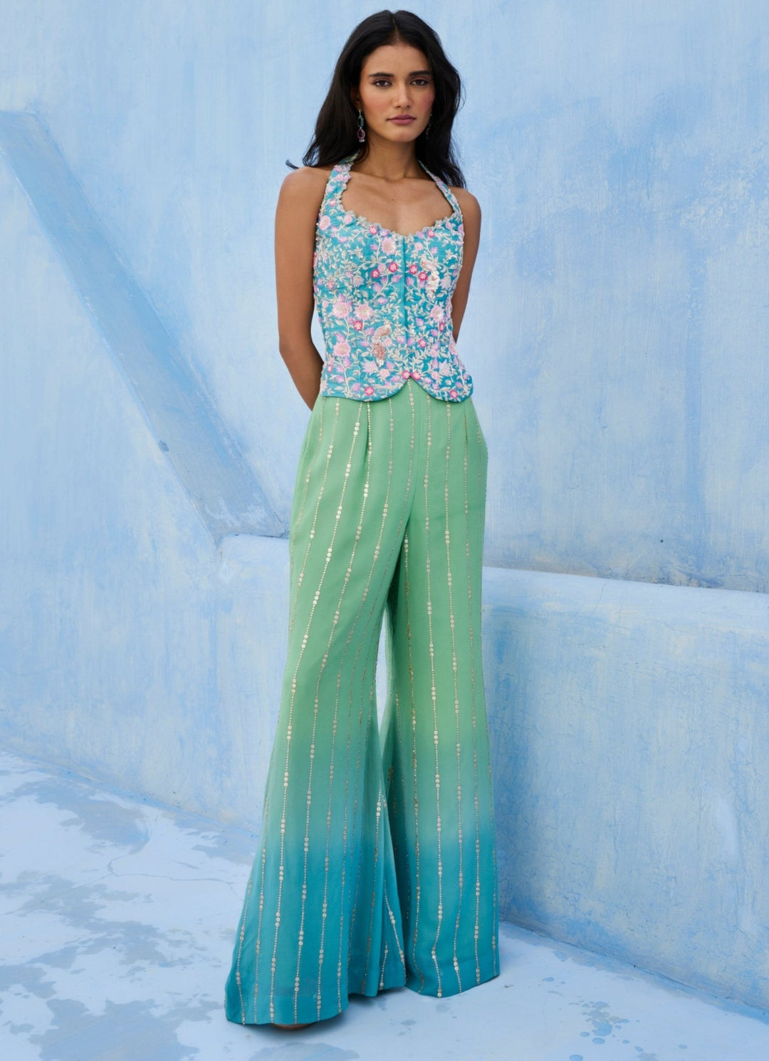 Blue And Green Georgette Blouse Pant Set Chamee and Palak - Fabilicious Fashion