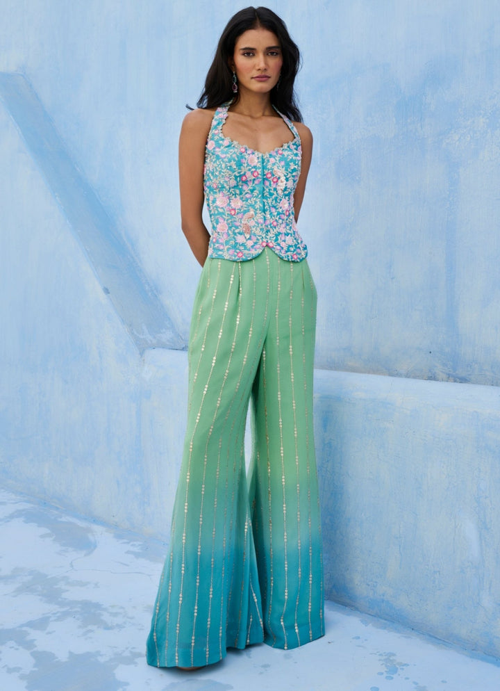 Blue And Green Georgette Blouse Pant Set Chamee and Palak - Fabilicious Fashion