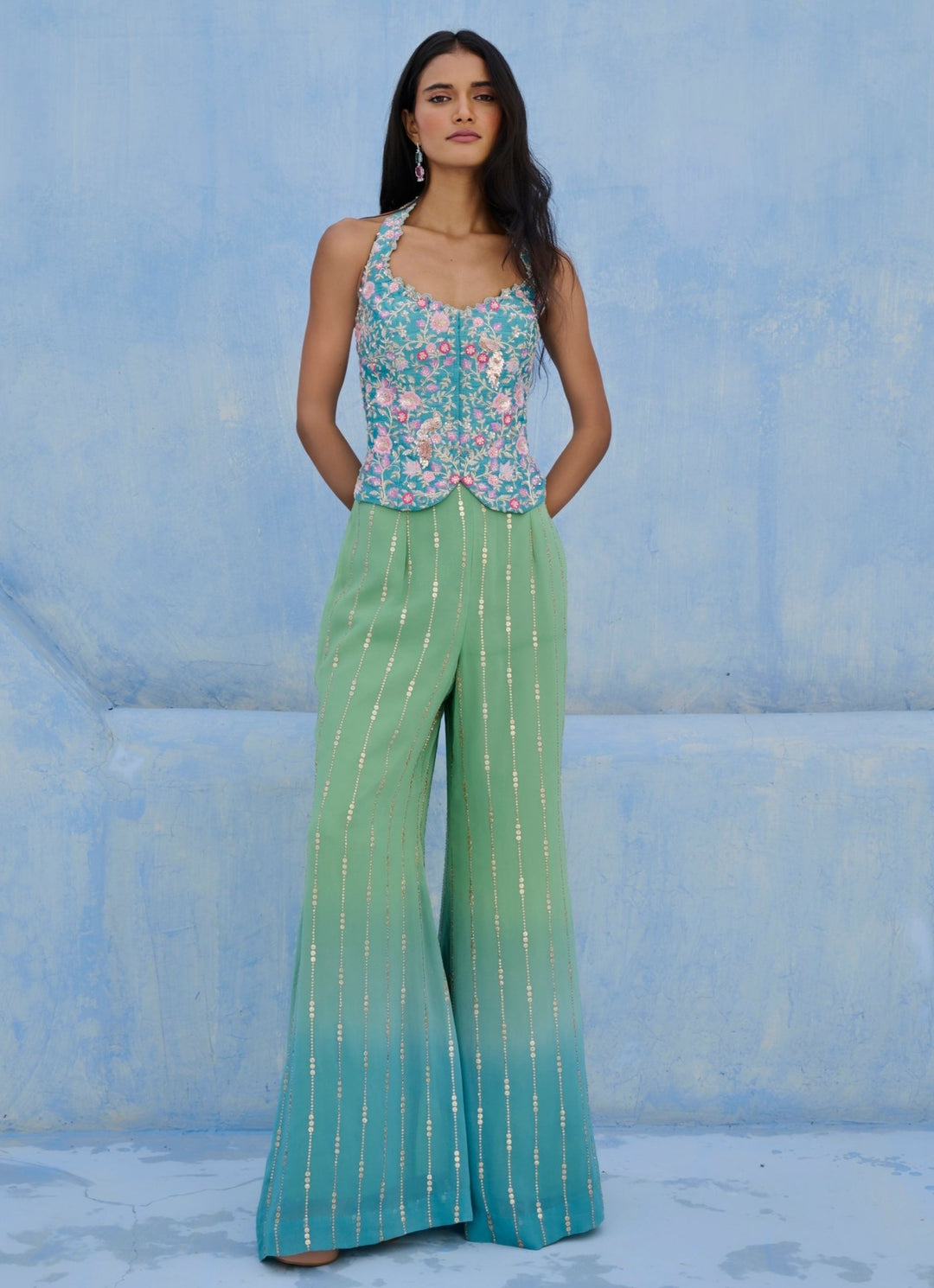 Blue And Green Georgette Blouse Pant Set Chamee and Palak - Fabilicious Fashion